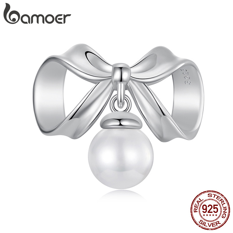 Bamoer 925 Sterling Sliver Charme Pérola Bowknot Contas Pingente Presentes DIY Para Pulseira
