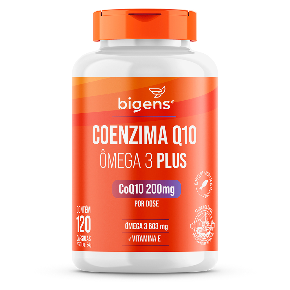 Coenzima Q10 + Ômega 3 TG Plus: 200mg CoQ10, 603mg Ômega 3 + Vitamina E | 120 Cápsulas | Bigens