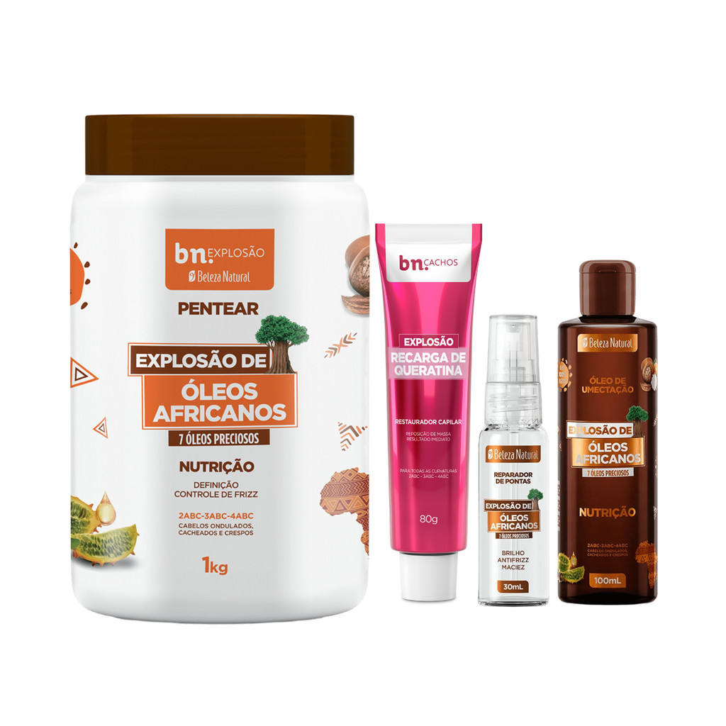 Creme de Pentear Óleos Africanos, Recarga de Queratina, Óleos Reparador e Umectação – Beleza Natural