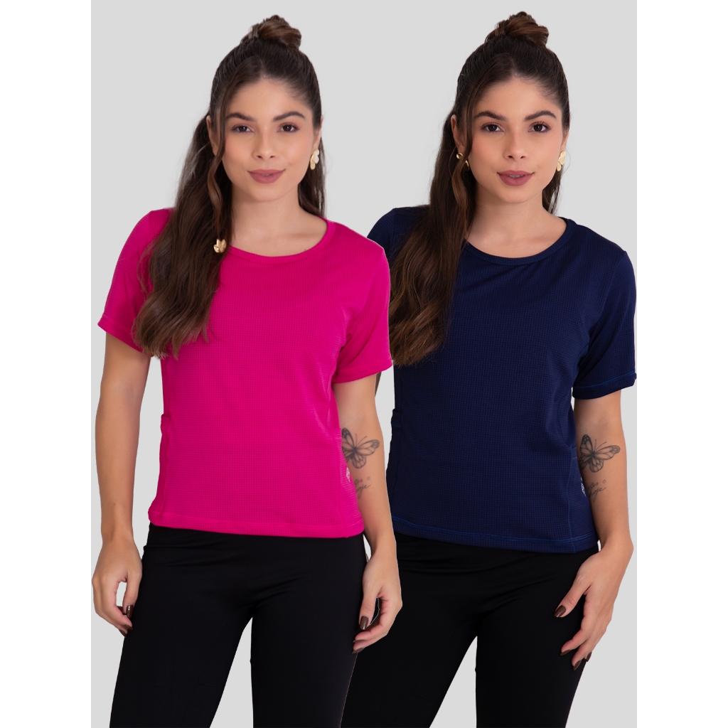 Kit 2 Camisetas Academia Feminina Com Bolso Uv50+ Poliamida Rocca