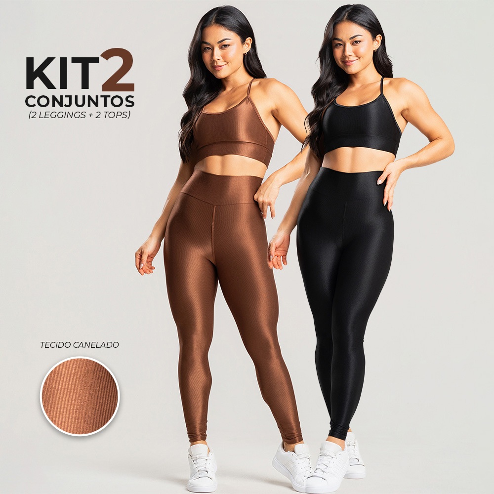 Kit 2 conjuntos fitness feminino – 2 tops e 2 calças legging canelada brilhosa com cós alto