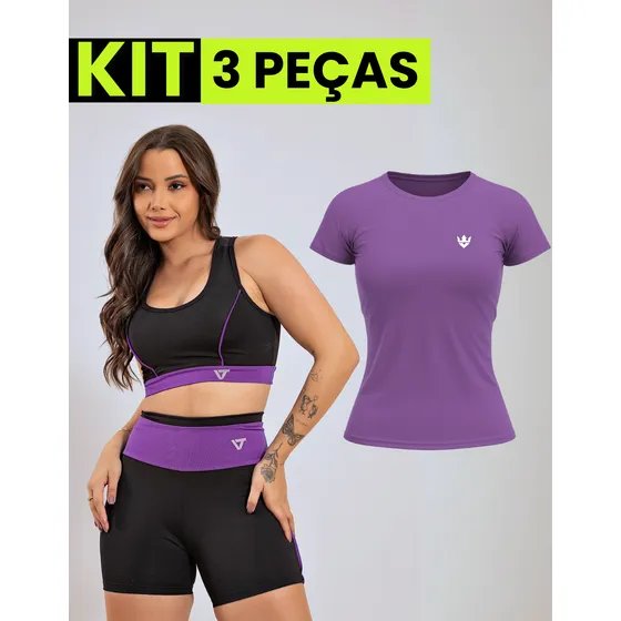 Kit Conjunto Fitness Feminino + Camiseta Roupa Academia Roxo Lisa G