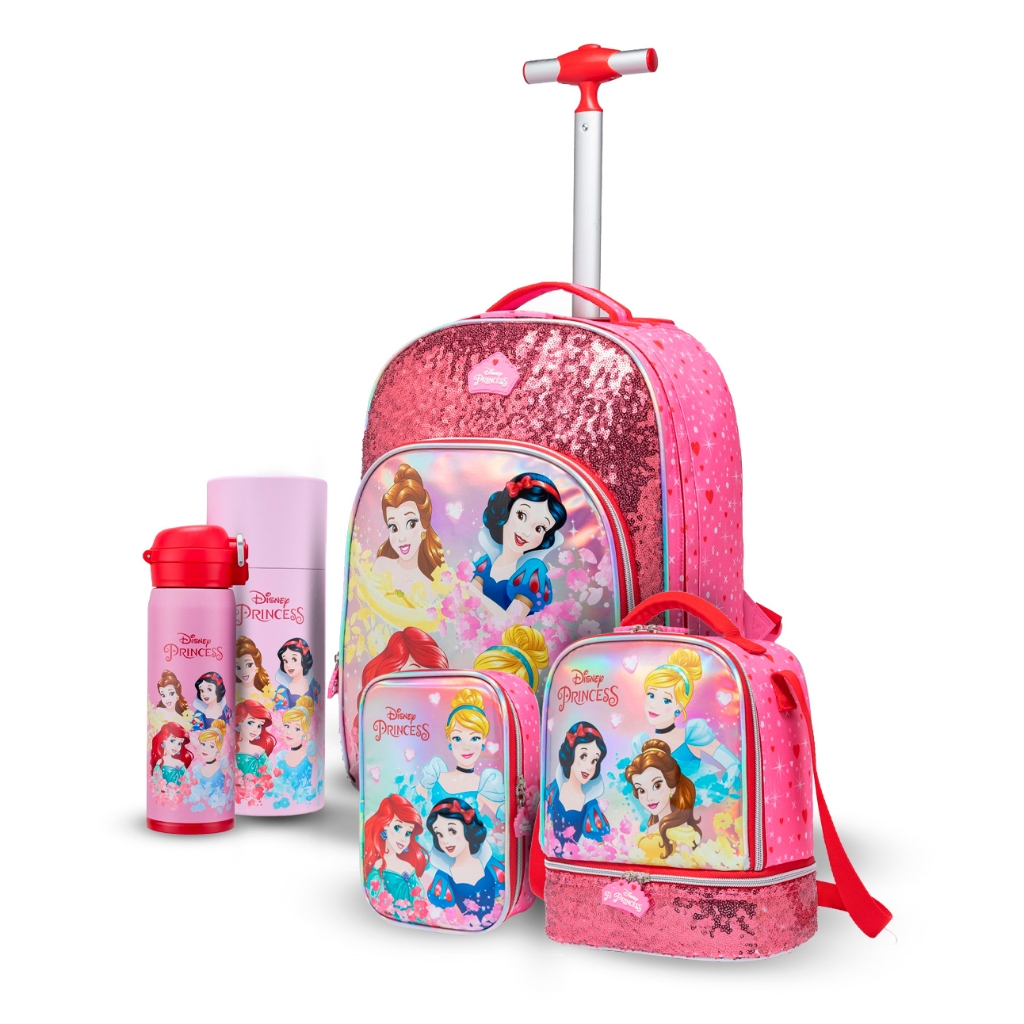 Kit Escolar Princesas Clássicas Mochila Rodinha Lancheira Térmica Estojo Duplo Garrafa 480ml Disney
