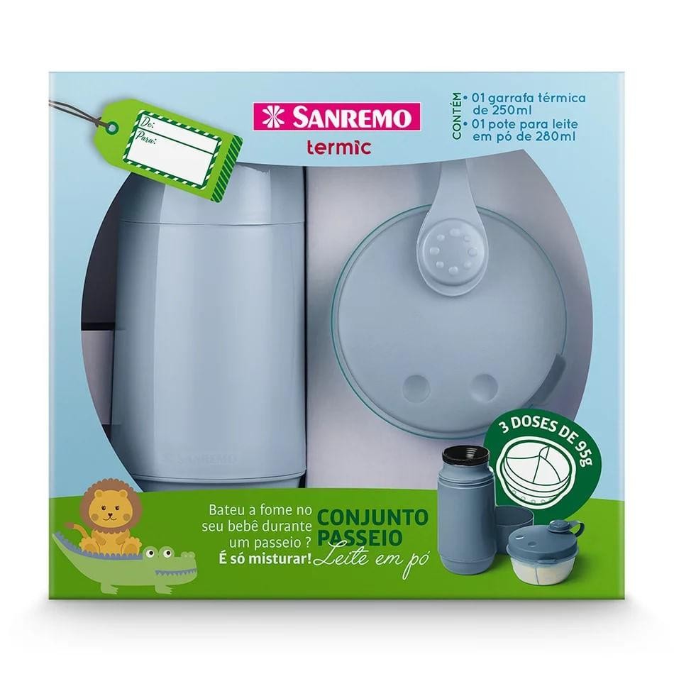 Kit Garrafa 250ML e Pote para Leite em Pó Azul Sanremo