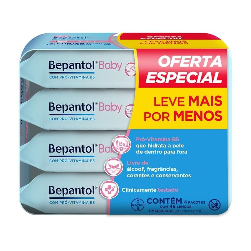 Kit Lenços Umedecidos Para Bebês Bepantol Baby 48 Unidades