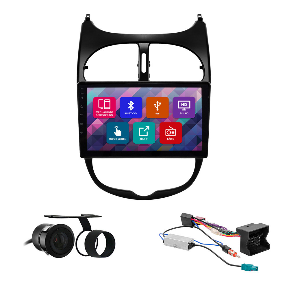 Kit Multimídia 9 Pol Peugeot 206 2002 2003 2004 05 06 07 2008 2009 2010 Espelhamento Android Ios 2 Din Preto Camera Ré