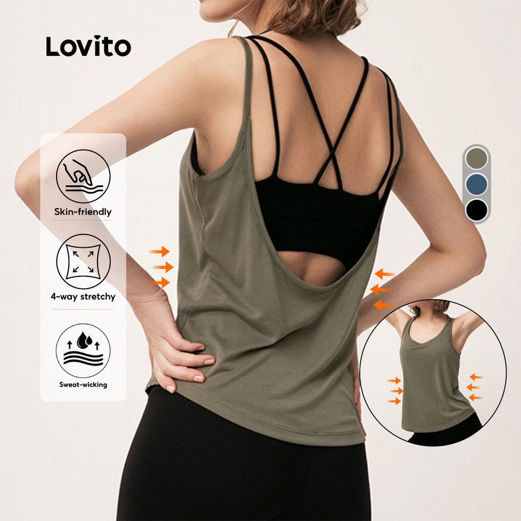 Lovito Sporty Sports Tanks Amigáveis À Pele Push Up Regatas Esportivas Verdes Elásticas em 4 direções LNA129031