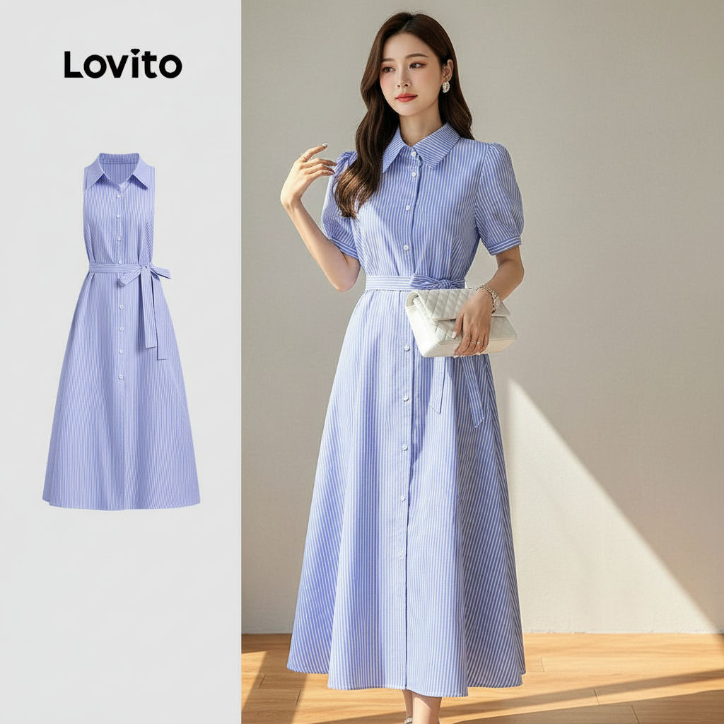 Lovito Vestido Feminino Casual Azul para Primavera Verão com Cinto e Botões Textura Suave L137LD402