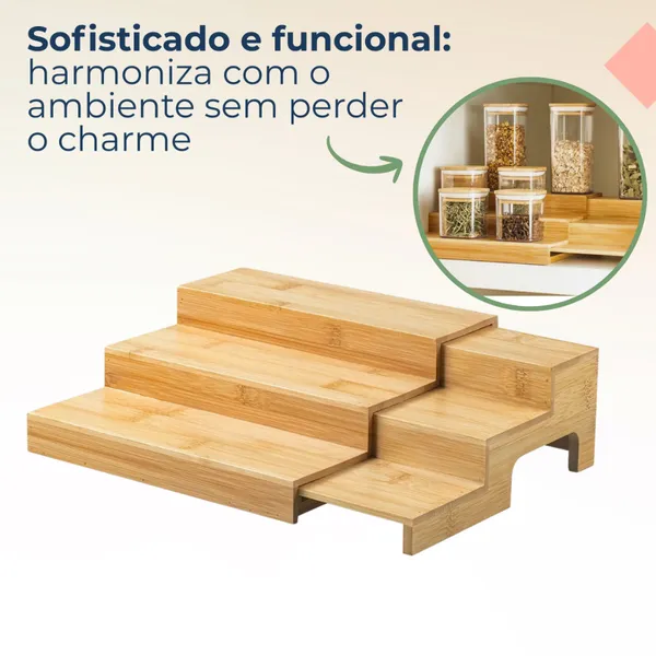 Rack Organizador Extensível De Bambu Escadinha  3 Níveis Suporte Porta Temperos Condimentos Ou