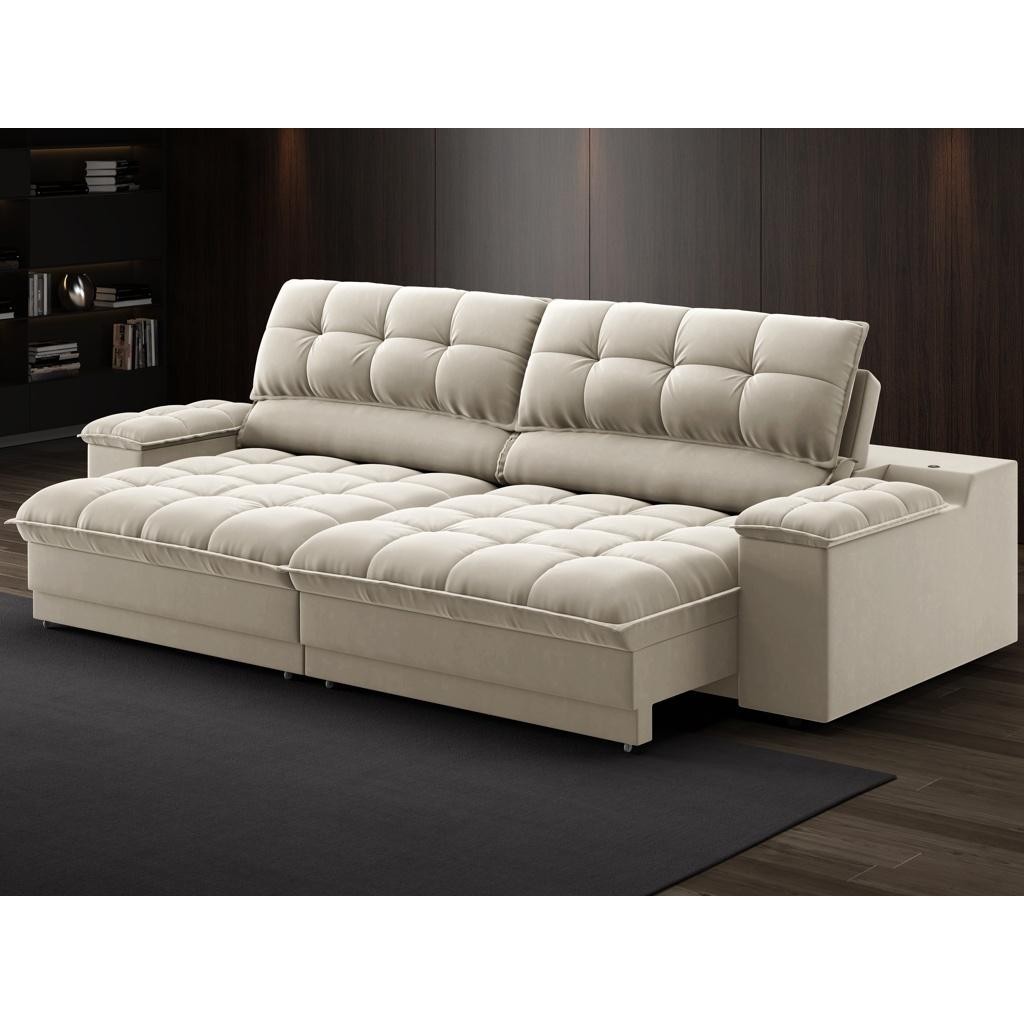 Sofá com Porta Copos e Carregador USB Ret Rec Luke 2,50m Veludocristal Areia - NETSOFAS